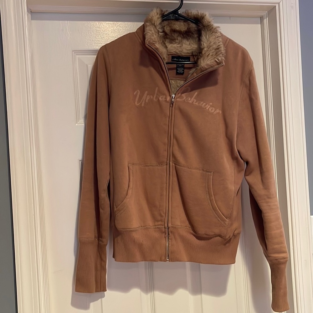 Urban Behavior Faux Fur Lined Camel Warm Full-Zip Sweatshirt Size Large Y2K